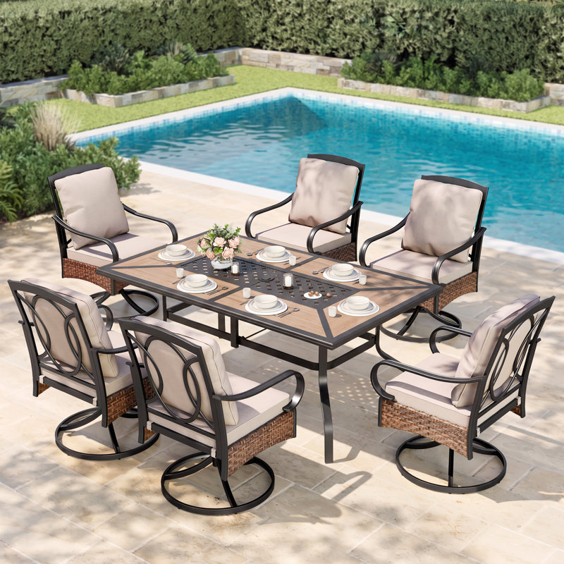 6 Person Outdoor Dining Set with Swivel Chairs and Thick Cushions