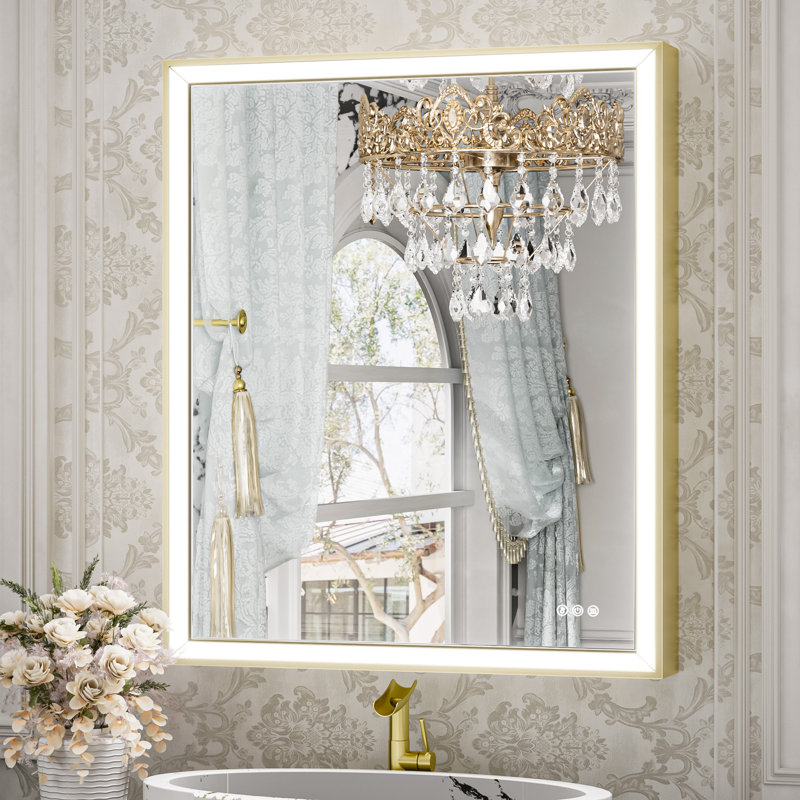 Miroir de salle de bain avant à DEL antibuée avec cadre en métal biseauté, 36 po x 30 po, Noir mat, Rectangulaire