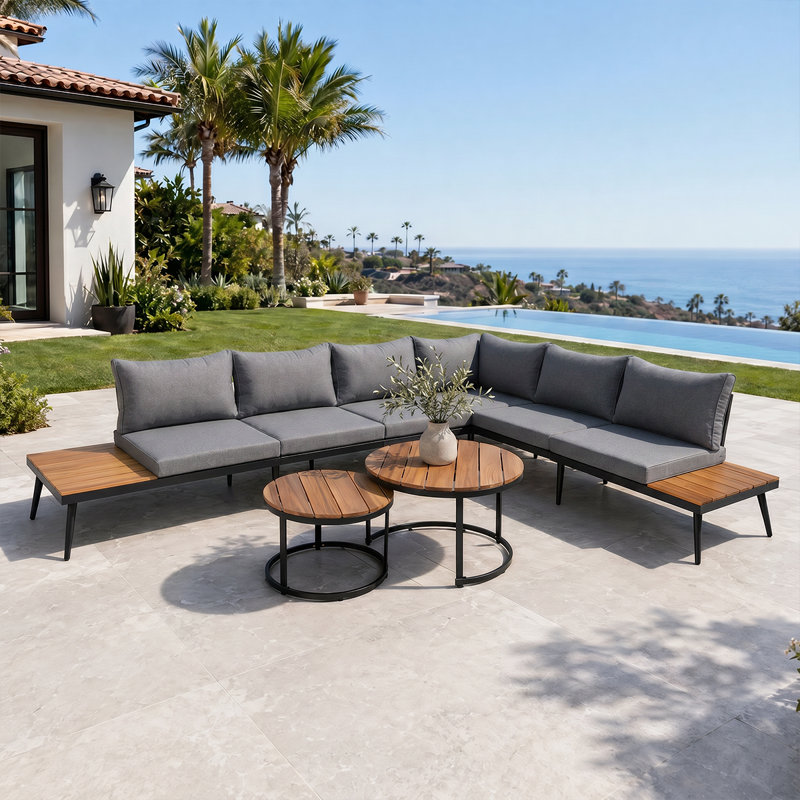 Ensemble de conversation élégant pour le jardin - Canapé modulaire d'extérieur avec tables gigognes rondes, Gris