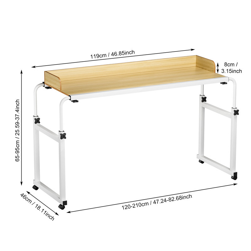 Overbed Table with Wheels, Rolling Over-the-Bed Laptop Desk with Raised Baffle, Natural/White, 50.1" H x 28.1" W x 11.4" D