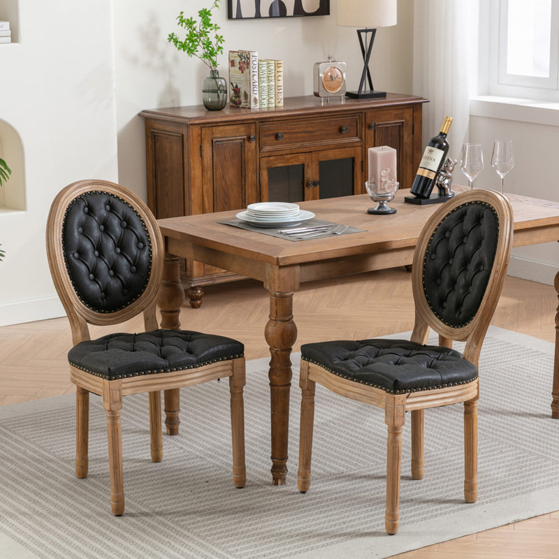 Faux Leather Upholstered Dining Chair Set with Nailed Head,  Tufted Back, Black