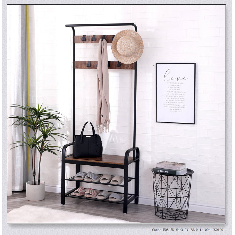 4-in-1 Hall Tree with Shoe Bench, Coat Rack, and Storage, Rustic Brown, Ideal for Entryways and Small Spaces