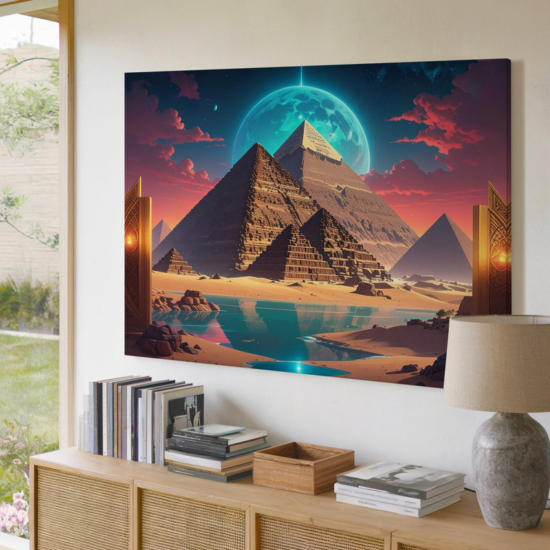 Art mural sur toile, pyramides célestes, toile d'enfant, crépuscule, Égypte avec lune et réflexion, H 20 po x l 30 po