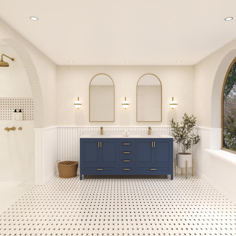 Meuble-lavabo double 72 po avec plateau en quartz blanc Rooh, Or brossé, Bleu