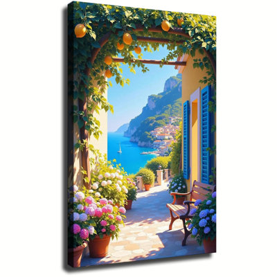 Sunny Amalfi Coast Lemon Garden & Hydrangea Wall Art - Vibrant Italy Coastal Landscape Poster Canvas Print, Mediterranean Sea View Painting for Living Room Kitchen Decor