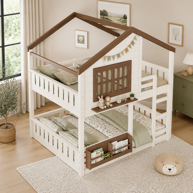 Lit superposé en forme de maison pour enfants, cadre de lit multifonctionnel avec toit, tablette intégrée et barrières de sécurité, lit en bois avec échelle pour chambre d'enfant