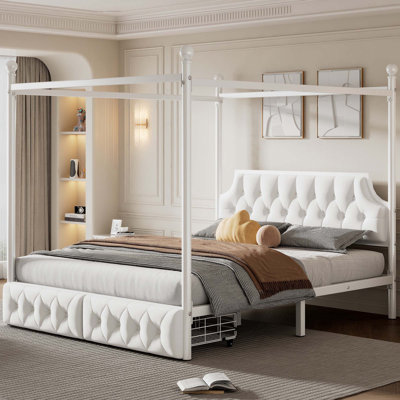 Queen Size Metal Canopy Platform Bed With Upholstered Headboard And Two Storage Drawers, White