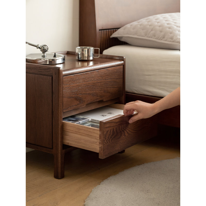 15.75"W MCM Solid Oak Wood Nightstand with 2 Drawers-Single, Brown Oak, 2-Drawer, Single