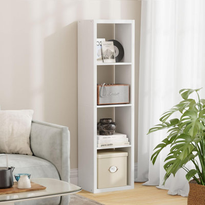 Modern Engineering Timber 4-Tier Open Storage Bookcases, Narrow Single-Column Shelving Unit, Freestanding Display Bookcase for Living Room Bedroom Home Office