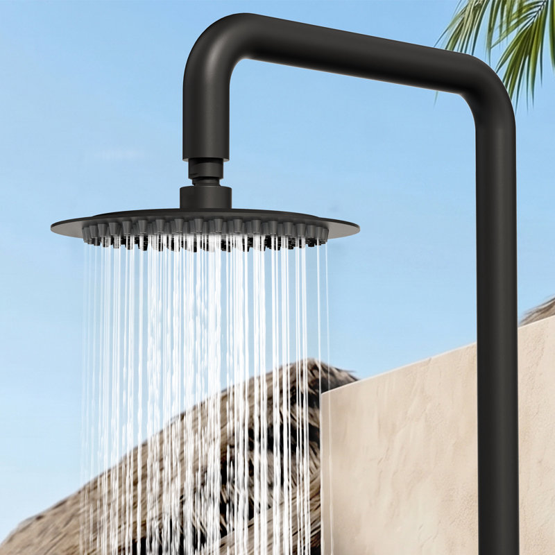 Douche d'extérieur autoportante en acier inoxydable H 87 po avec pomme de douche à effet de pluie et douche à main avec contrôle de la température H 87 po