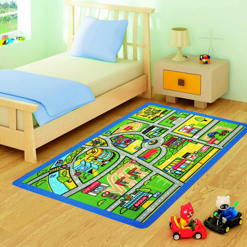 Tapis rectangulaire en polyamide beige / turquoise / gris tissé à la machine 3 pi 3 po x 4 pi 11 po Guernon