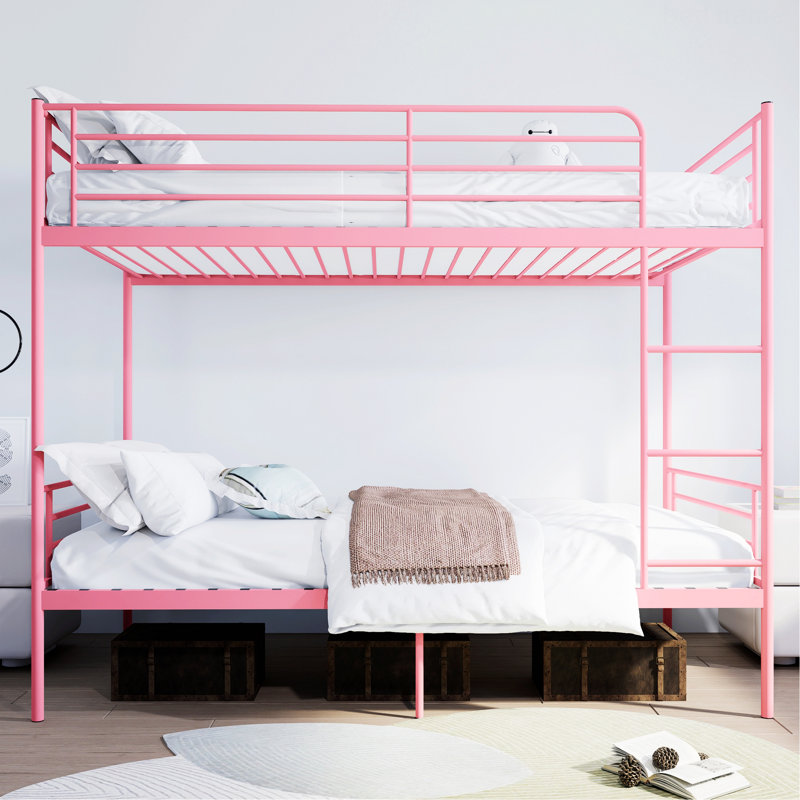 Cadre de lit contemporain pour la maison, lit superposé avec échelle et garde-corps haut, Rose