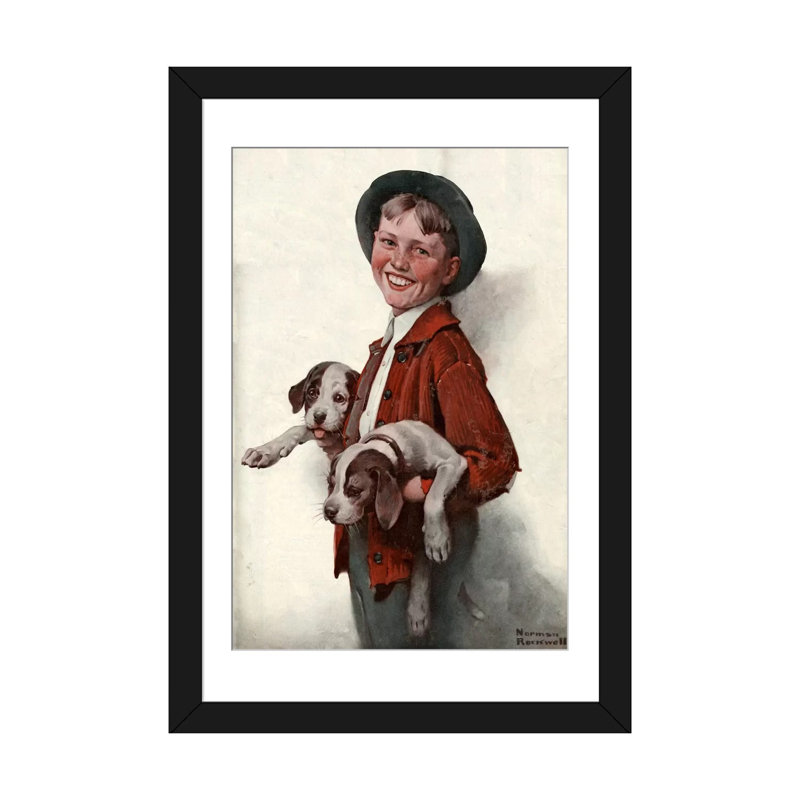 «Boy with Puppies», peinture sur toile tendue, H 24 po x l 16 po x P 1 po, Papier d'art encadré noir, Blanc