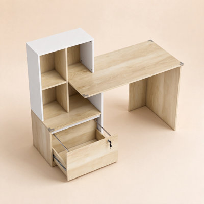 Oak Effect Home Office Desk with Hanging File Holder & Open Bookshelf, Compact Study Workstation