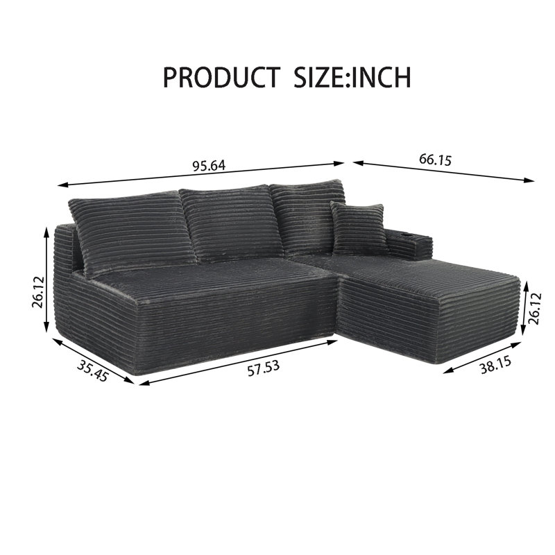 Canapé modulaire en L 96 po, Velours côtelé gris, Orienté à droite