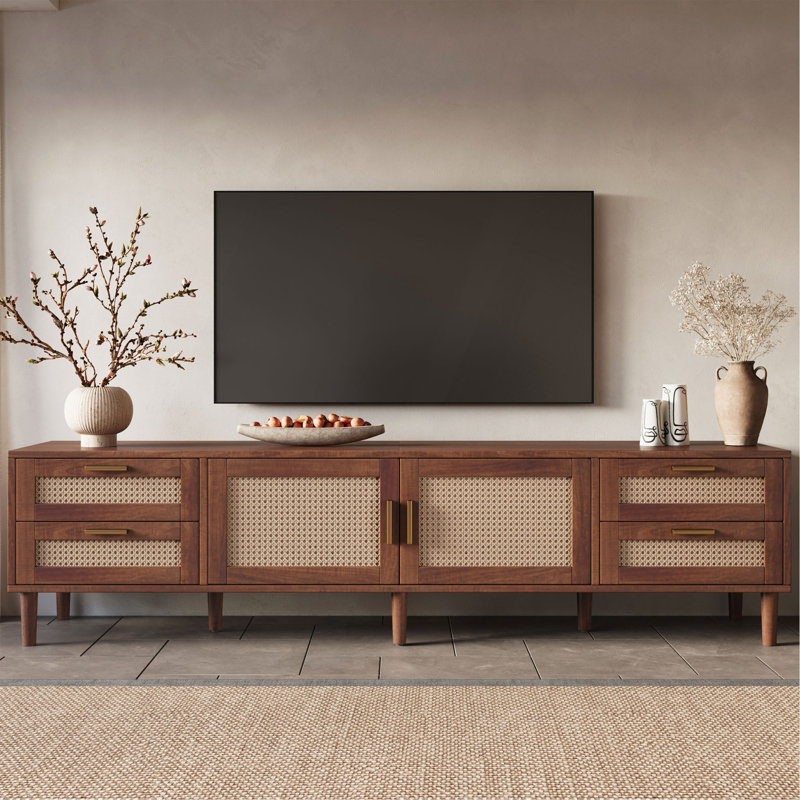 Meuble télé 78 po pour téléviseur de 85 po ou moins, console multimédia avec 4 tiroirs, pieds en bois massif, charnières à fermeture douce, pour salon, meuble audio-vidéo moderne