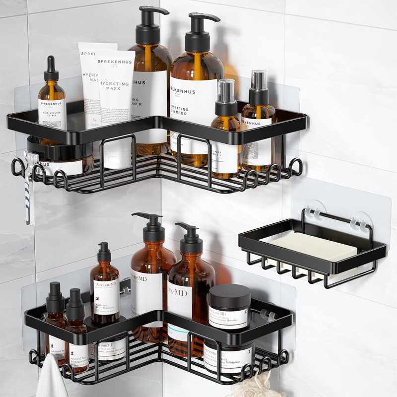 Étagère de douche d'angle adhésive avec porte-savon et 12 crochets, organisateur de salle de bain en acier inoxydable antirouille, fixation murale sans perçage, noir, ensemble de 3