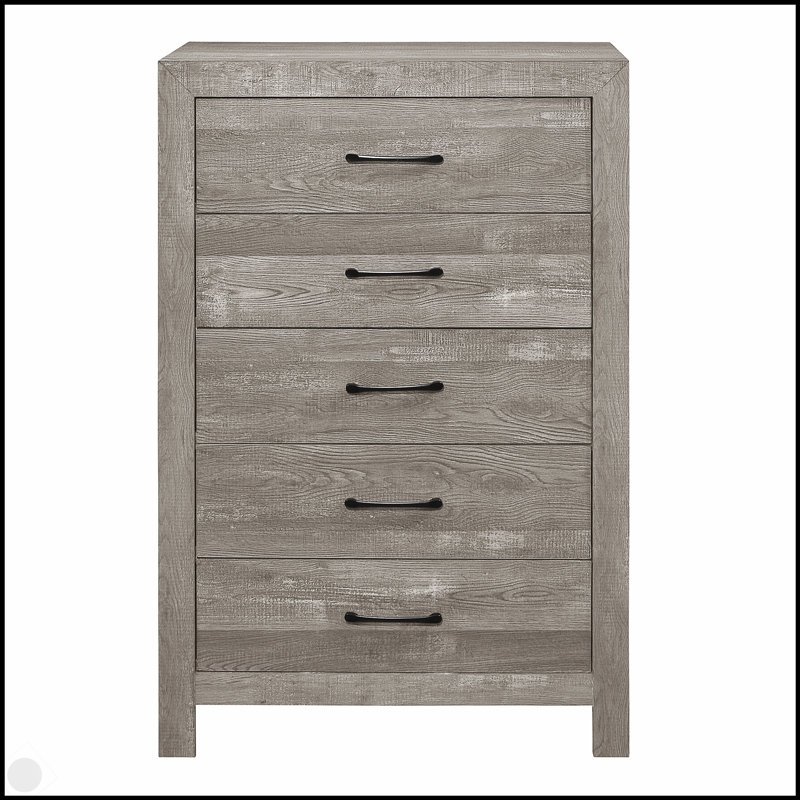 Commode rustique à finition grise avec cinq tiroirs de rangement et quincaillerie en métal noir pour la chambre à coucher