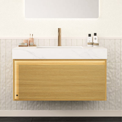 Meuble-lavabo de 36 po avec comptoir en pierre frittée blanche, cuve en céramique, armoire en contreplaqué flottant ultra-mince, meuble-lavabo à tiroir avec gestion par capteur, grille de l'unité, capteur à DEL activé par le mouvement, pré