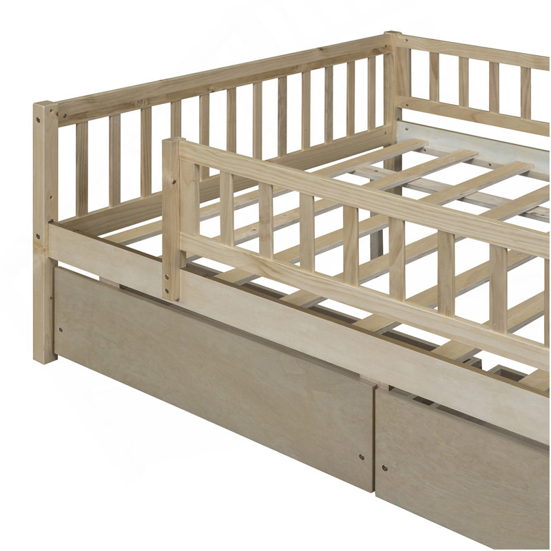 Lit de jour double en bois avec deux tiroirs, naturel, Naturel, Lit double