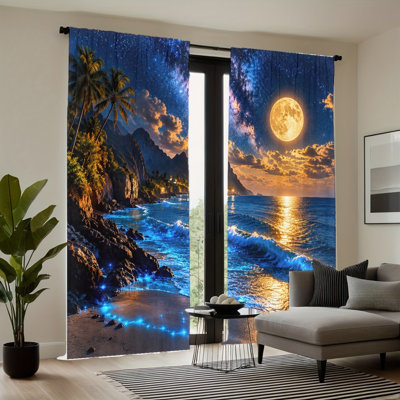 2PCS Enchanting Night Beach Moon and Stars Scenic Thin Light Filtering Curtain with Coastal Palm Trees Waves, Summer Vacation Ambiance Decor, Easy Hang Rod Pocket Design, All-Season Curtains for Home Living Room Bedroom Study Decoration