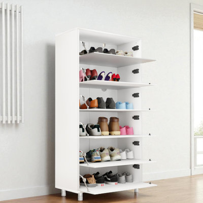 Armoire à chaussures blanche à miroir avec 6 tiroirs rabattables, portes à ouverture tactile, pieds en métal et grand rangement