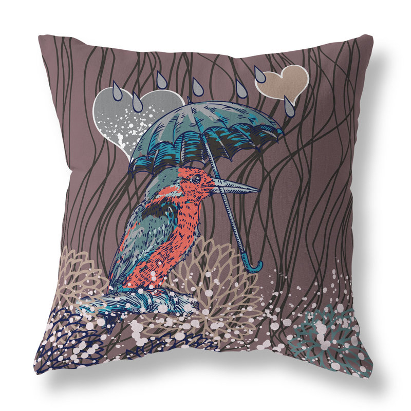 Coussin décoratif réversible Bird / Umbrella, H 18 po x l 18 po, Mauve / bleu sarcelle
