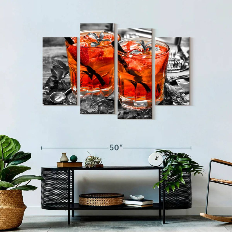 «Cocktail Strawberry Mojito Cocktail», ensemble de 4 reproductions sur toile par SodaPopArt, H 32 po x l 52 po x P 1,25 po