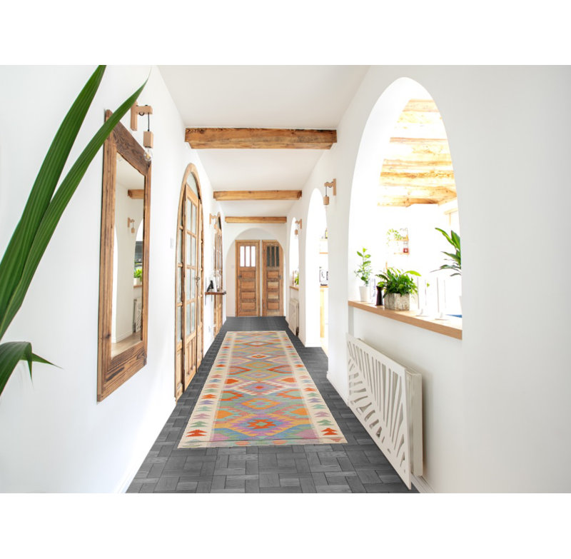 Tapis oriental multicolore en laine Kilim 3 x 17