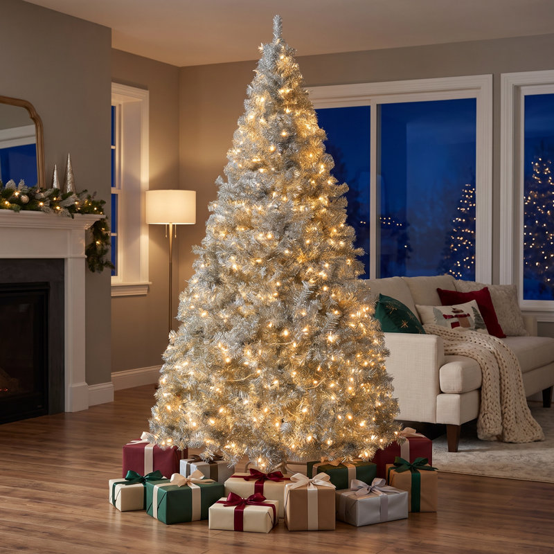 Sapin de Noël artificiel argenté de 1,80 m préilluminé avec 300 lumières DEL blanc chaud, 8 modes et télécommande