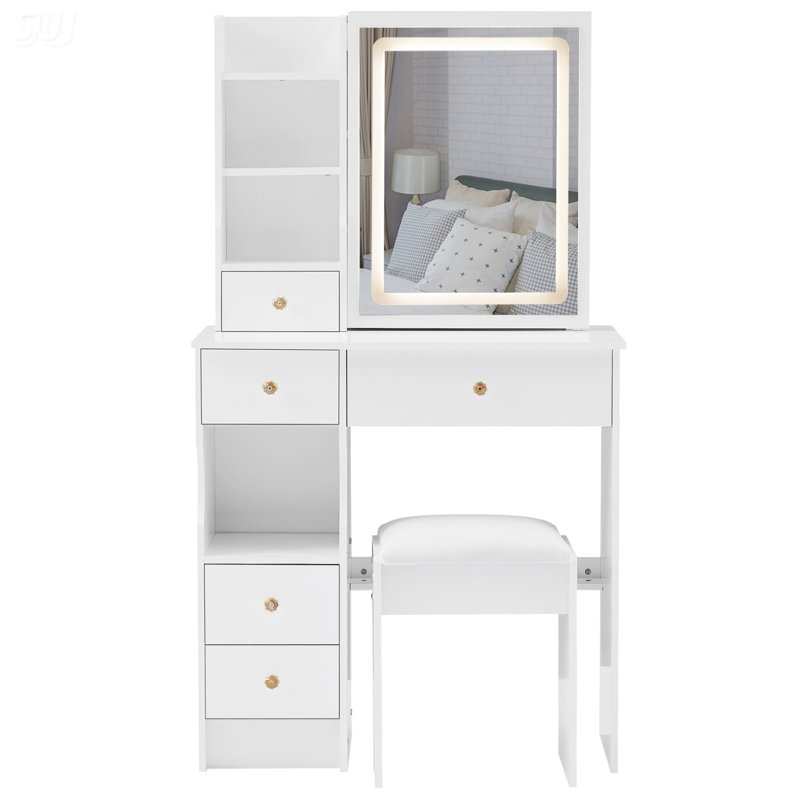 Petit meuble-lavabo de 29,2 po avec tabouret de bureau et tabouret rembourré, grande commande tactile, interrupteur tricolore, miroir à DEL à réglage de la luminosité