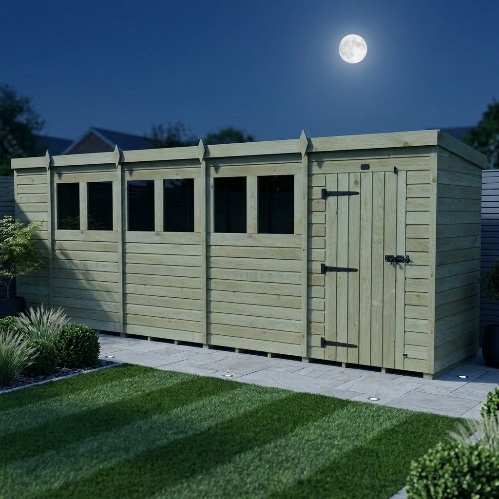 Total Sheds 19ft x 4ft Pent Garden Shed - Single Door - With Windows - Pressure Treated Timber - UK Manufactured