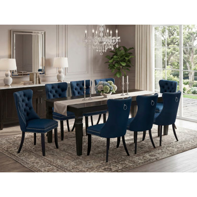 9 Piece Dinette Set Includes a Rectangle Dining Table with Butterfly Leaf and 8 Polyester Fabric Upholstered Chairs, Black
