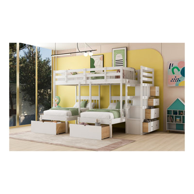 Full Over Twin  Twin Bunk Bed, Wood Triple Bunk Bed With Drawers And Guardrails (White)