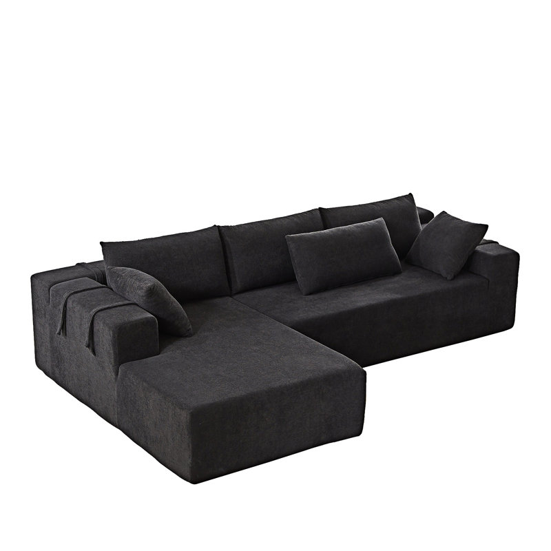 Upholstered Boneless Sectional Sofa With Pillows, Black, Left Hand Facing