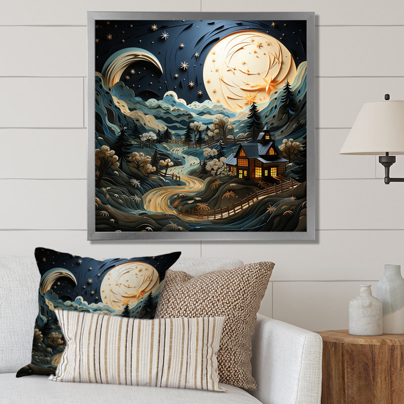 Paysage avec grange au clair de lune - impression, H 16 po x l 16 po x P 1 po, Cadre simple argenté