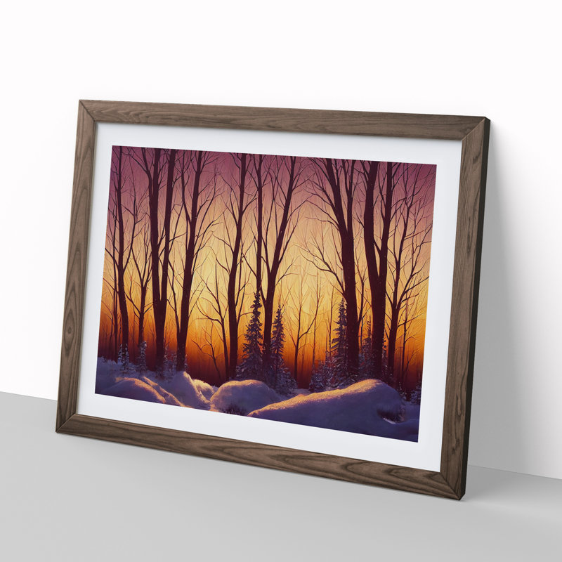 XH1022-10218X Winter Forest Sunset Art 1 Piece Single Picture Frame Wall Art, 34cm H x 46cm W x 2cm D, Walnut Framed