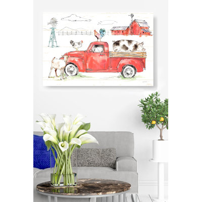 Camionnette et animaux de ferme rouge rétro Farmyard, vache, cochon, poulet, grange, moulin à vent, campagne, ferme, aquarelle de ferme