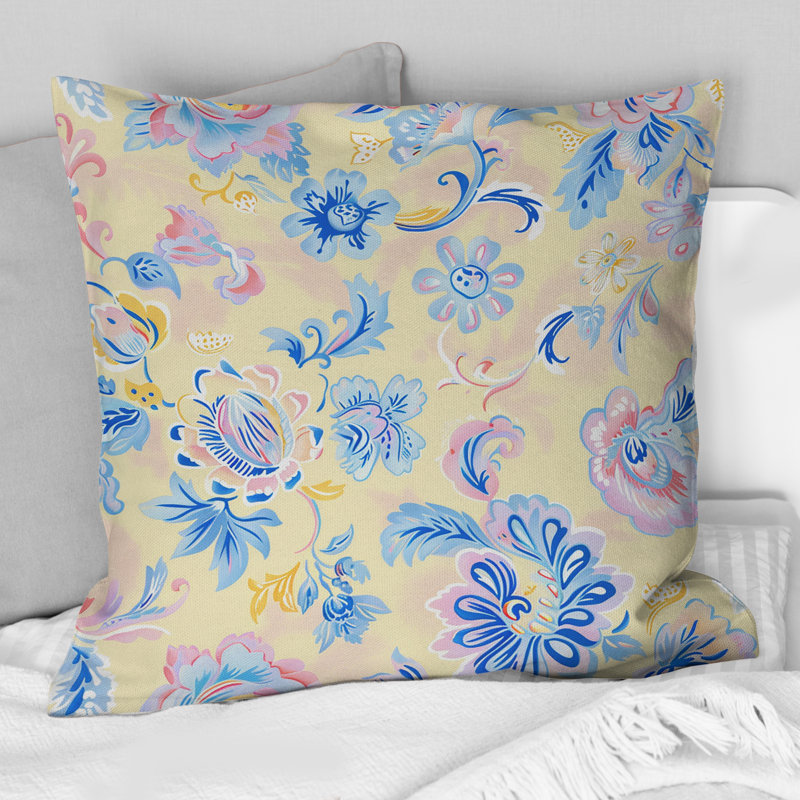 Motif de fleur de bohème rose doux et bleu I - coussin bohème, H 16 po x l 16 po, Carrée