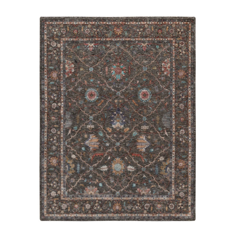 Tapis oriental brun noué à la main 7 pi 9 po x 10 pi 2 po Striae