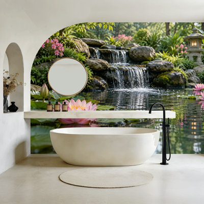 Peel and Stick Wallpaper Japanese Garden Pond Waterfall Pink Lotus Flowers Peaceful Wall Murals 69"H x 96"W Removable PVC Wall Paper Self-Adhesive Wall Decor for Bedroom Living Room Home Office