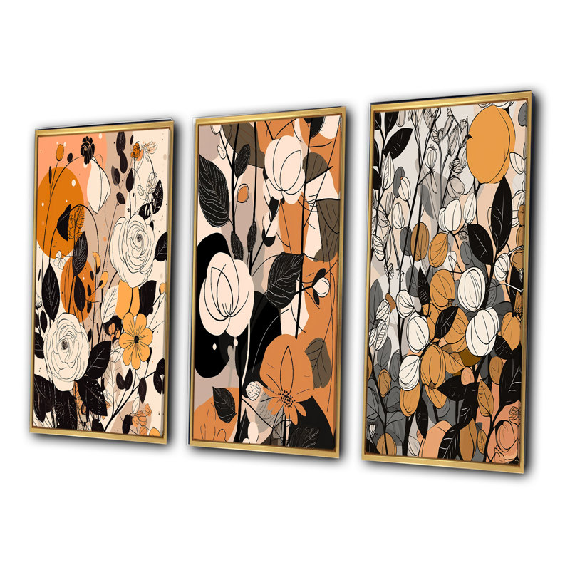 «Retro Terracotta Roses Illustration», 3 pièces, Cadre flottant doré, H 28 po x l 36 po