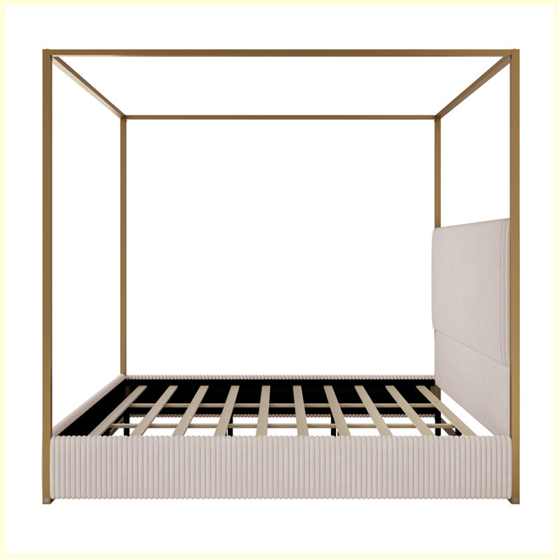 Modern Luxury Metal Canopy Bed with Tall Corduroy Upholstered Headboard and Four Poster, Beige/Gold