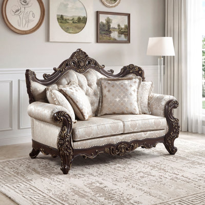 Chrystin 73" Traditional Jacquard Living Room 2-Seater Loveseat with Button-Tufting, Nailhead Trim & 4 Decorative Pillows