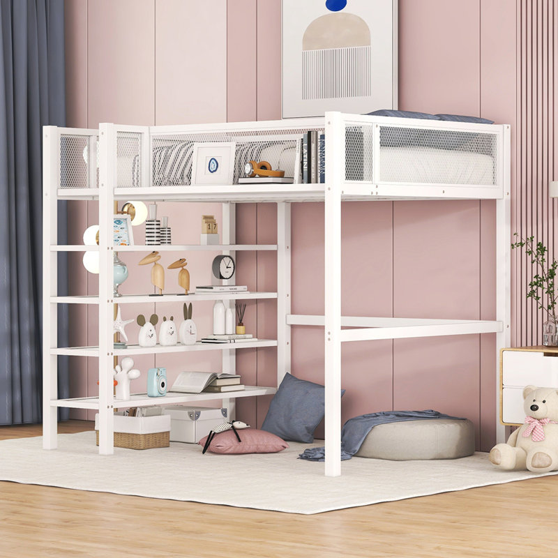 Lit mezzanine en métal avec tablettes à 4 niveaux et rangement, Simple, Blanc