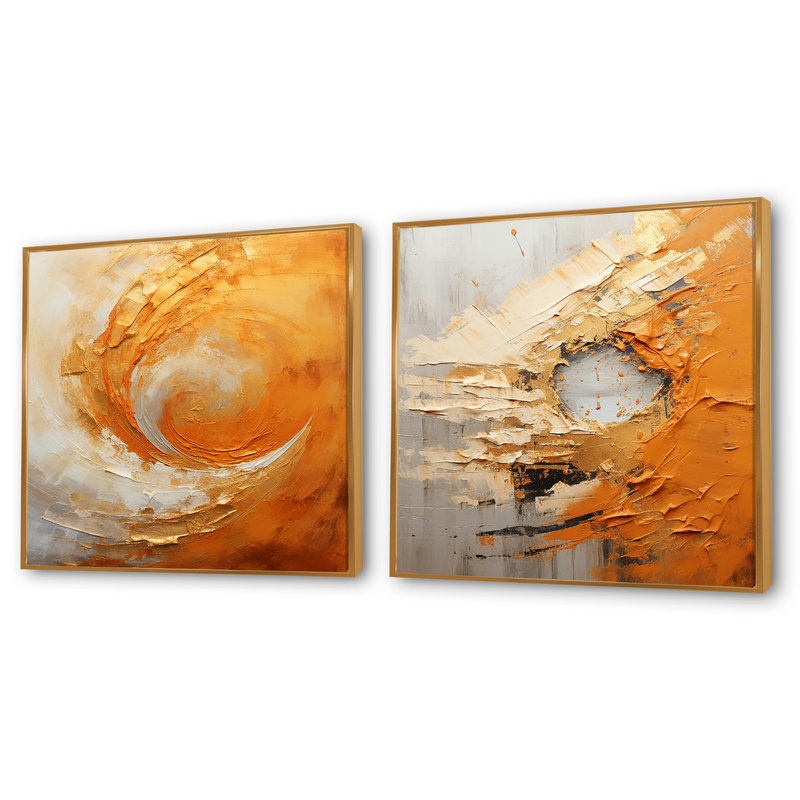 Or, orange, désert, mirage en spirale - ensemble de 2 collages carrés abstraits en spirale, Cadre flottant doré