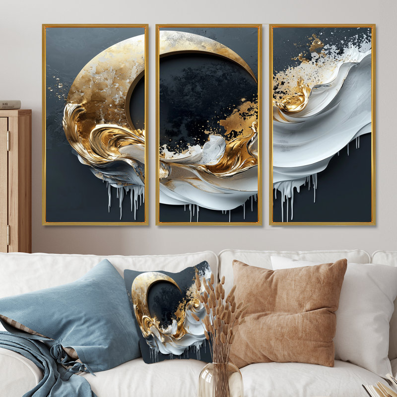 «Black and Gold Moon Lines II - Abstract Shapes», ensemble d'impression d'art mural, Toile avec cadre flottant or