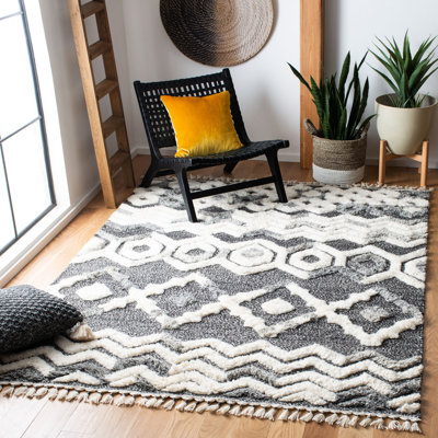Tapis gris / blanc en laine noué à la main Castaneda