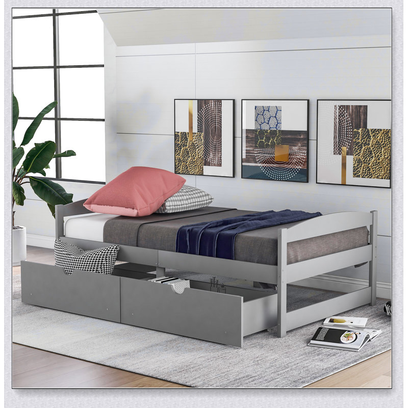Lit plateforme avec deux tiroirs, Gris
