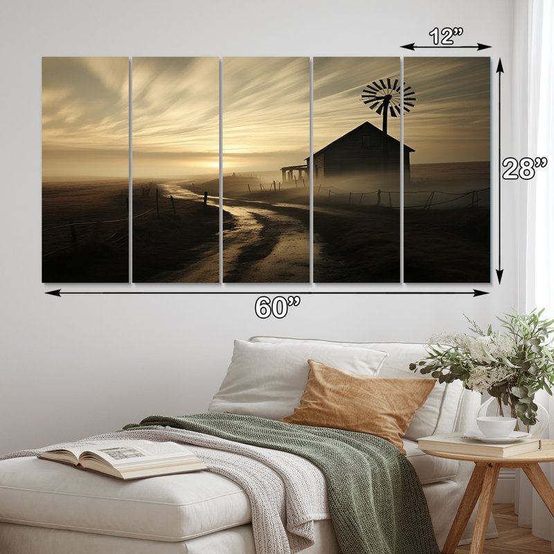 Wind Turbines Country Charm III - campagne, reproduction d'art sur toile - 5 panneaux égaux